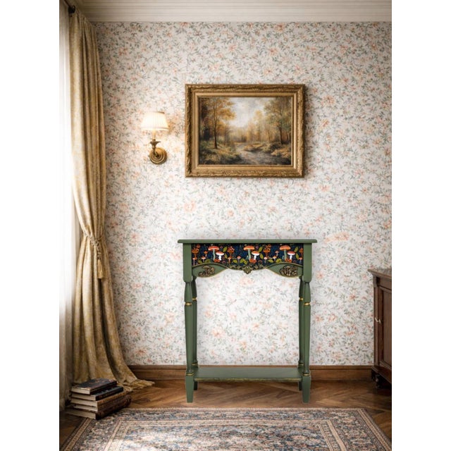One-of-a-Kind Hand-Painted Green Woodland Console Table With Mushroom Details For Sale - Image 13 of 13