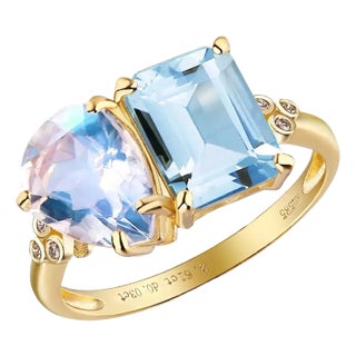 Kai Fortune Aquamarine Rainbow Moonstone Diamond Toi Et Moi Ring in 14k Solid Gold, size 8 For Sale