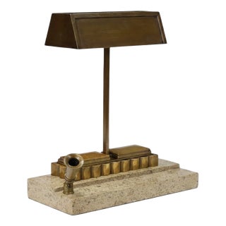 Art Deco Bronze Desk Lamp with Fossiliferous Limestone Base, 1930s For Sale