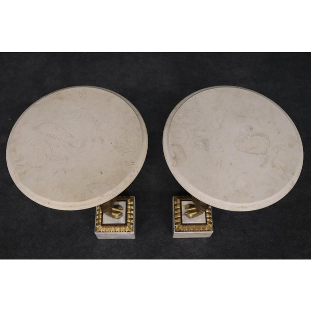 This is a stunning pair of gilded maidens supporting marble tops with marble on each base. The tables are luminous and in...