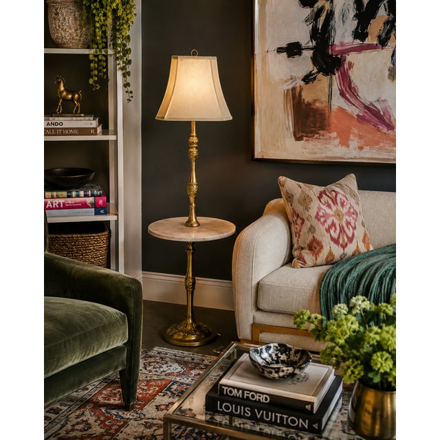 Vintage Catco Neoclassical floor lamp with a built-in marble tray table, heavily influenced by mid-20th-century Hollywood...