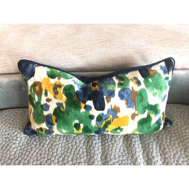 Robert Allen Robert Allen Abstract Navy Blue Green Yellow Linen & Perennials Canvas Cover For Sale - Image 4 of 5