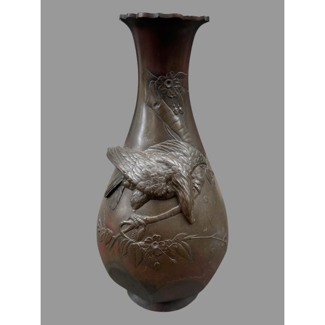 17" Antique Oriental Bronze Vase With Embossed Eagle on Branch For Sale - Image 10 of 11