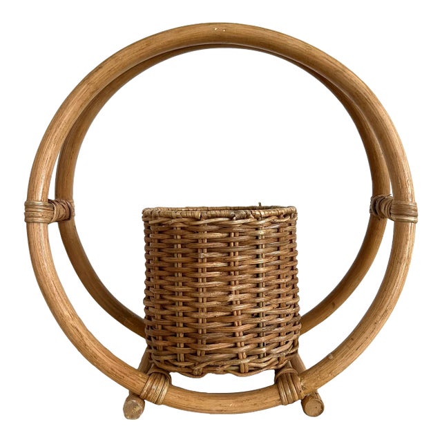 Vintage Circular Bamboo Rattan Planter For Sale