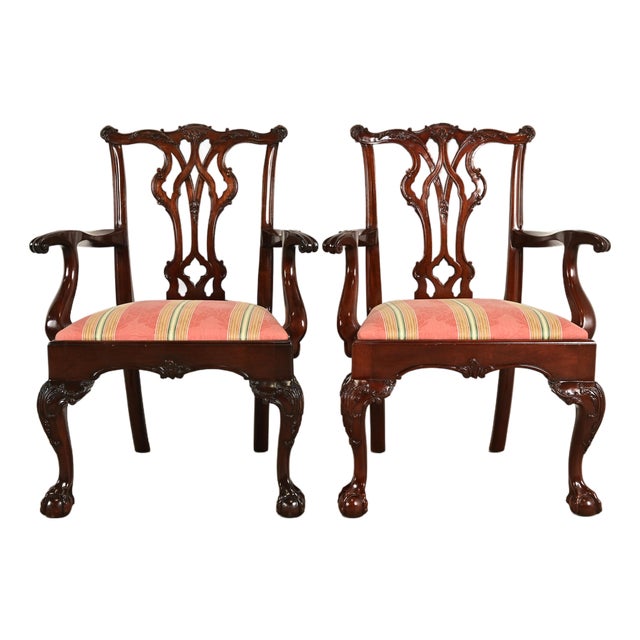 Kindel Furniture Chippendale Carved Mahogany Dining Arm Chairs, Pair For Sale