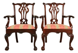 Kindel Furniture Chippendale Carved Mahogany Dining Arm Chairs, Pair