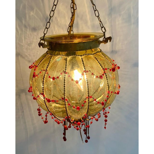 Traditional Vintage Caged Glass Brass Pendant Lamp For Sale - Image 3 of 8