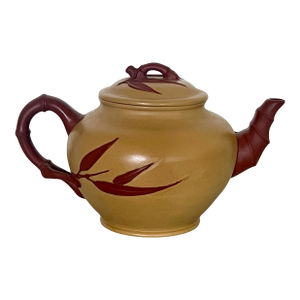 Vintage Bamboo Yixing Zisha Chinese Unglazed Tea Pot With Bamboo Handle & Spout