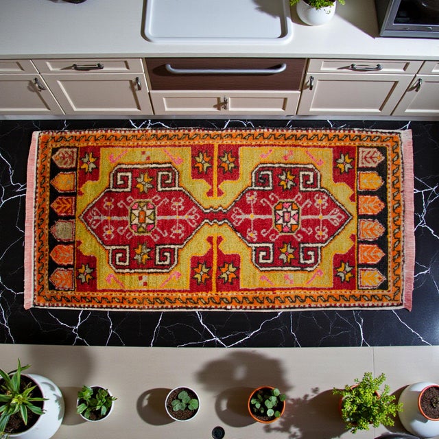 Hollywood Regency 1970s Hand Knotted Small Turkish Rug, Door Mat, Entryway Rug, Bath Mat, Kitchen Decor - 1′8″ × 3′4″ For Sale - Image 3 of 14