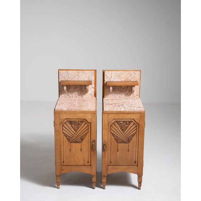 Art Nouveau 1910s Pair Of Art Noveau Side Tables With Marble Tops And Carved Panels For Sale - Image 3 of 17