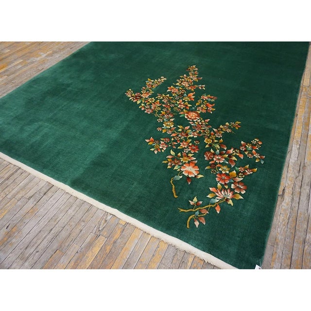 Antique Green Field Chinese Room Size Knotted Wool 1930s Rectangle Art Deco Rug For Sale - Image 4 of 10