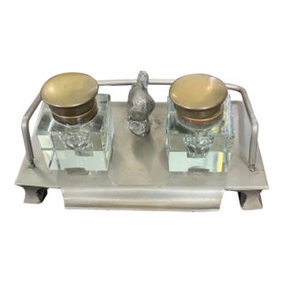 Antique Double Crystal Inkwell With Bird Finial For Sale