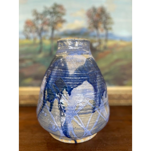 Mid 20th Century Signed Studio Art Pottery Vase With Expressive Blue Drip Glaze and Textured Stoneware Body. For Sale - Image 5 of 8