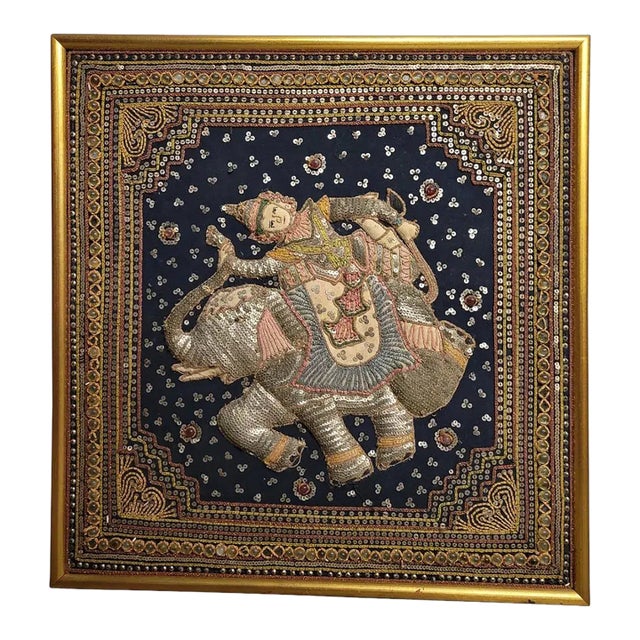 Framed Vintage Burmese Kalaga Elephant Tapestry – Beaded & Sequined Textile Wall Art For Sale