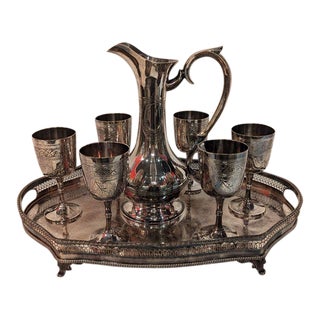 1950s Hollywood Regency Silverplate Wine Carafe Stems and Tray- 8 Pieces For Sale