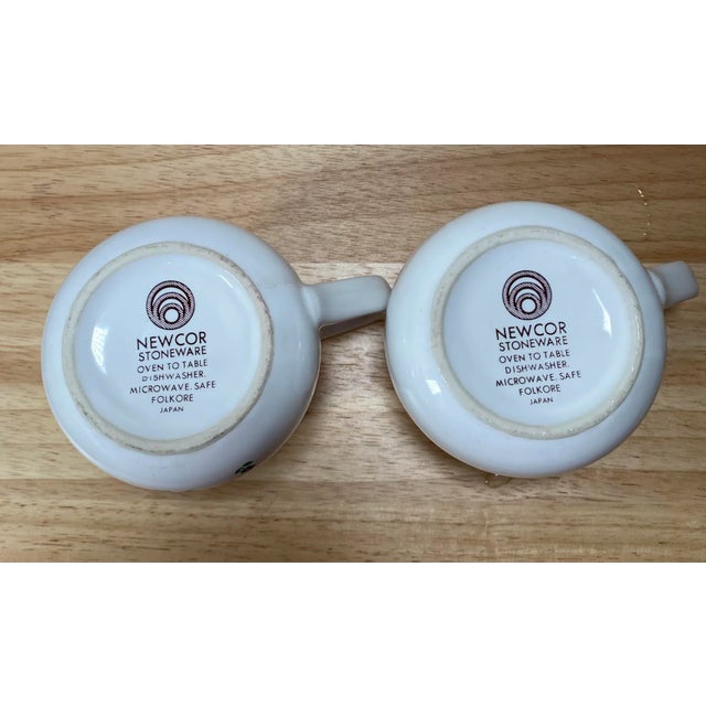 Newcor Folklore Stoneware Mug - Set of 2, Dutch Dancing Couple, Blue Lines, Yellow Trim For Sale - Image 4 of 5