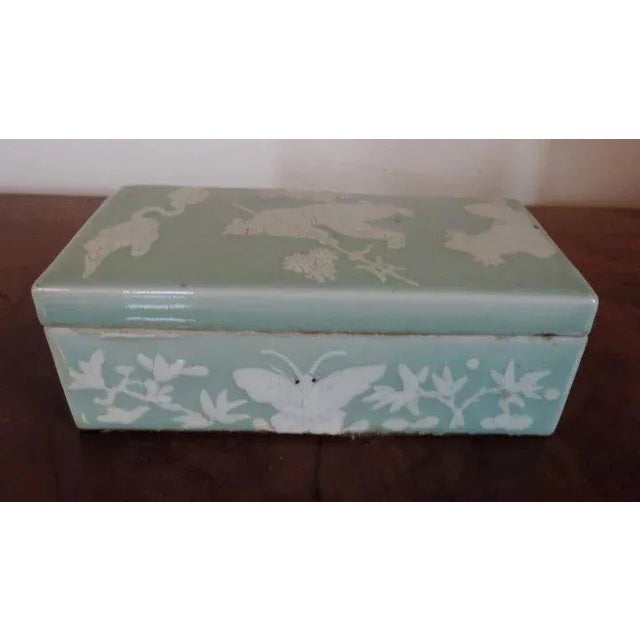 19th Century Chinese Celadon Porcelain Characters & Butterflies Writing Box For Sale In New York - Image 6 of 11