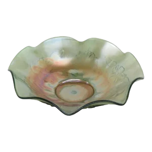 Northwood Carnival Glass Green Blossoms and Palms Ruffled Iridescent Bowl