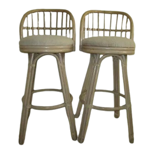 1990s Bamboo Rattan Barstool Upholstered Seat Swivel Beige Set of 2