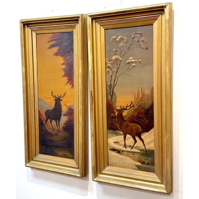 Pair American Sporting Paintings Elk & White-Tailed Deer Buck, Signed A. Crozier For Sale - Image 12 of 18