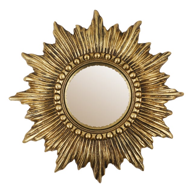 Gold Sunburst Mirror in Resin with Convex Mirror, France, 1960s For Sale