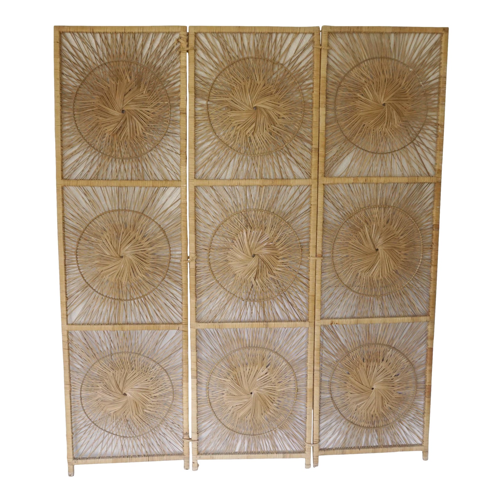Vintage Bohemian Wicker Rattan Sunburst Folding Screen 3 Panel Room Divider Chairish