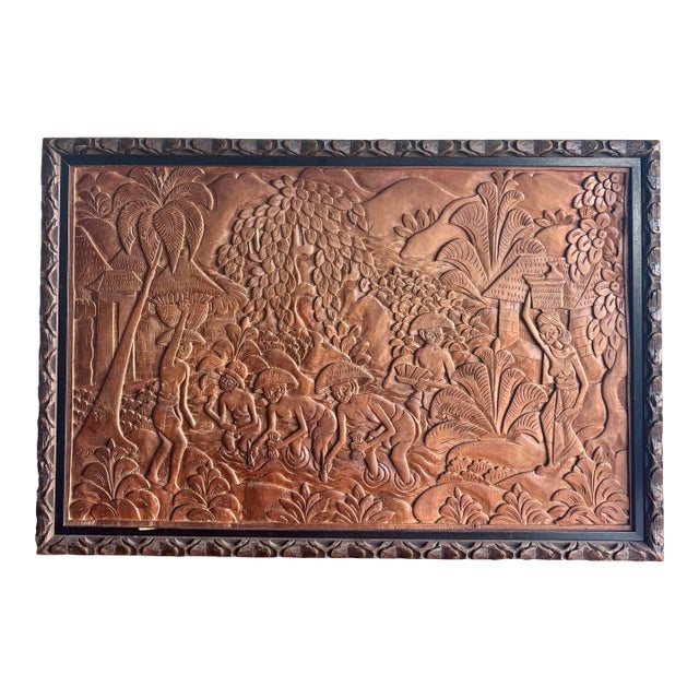 Mid-20th Century Balinese Hand-Carved Suar Wood Village Relief Panel For Sale