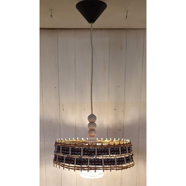 Wood Vintage Ceiling Lamp with Clear Relief Glass Shade and Wicker Overshade with Woven Fabric Trim, 1970s For Sale - Image 7 of 7
