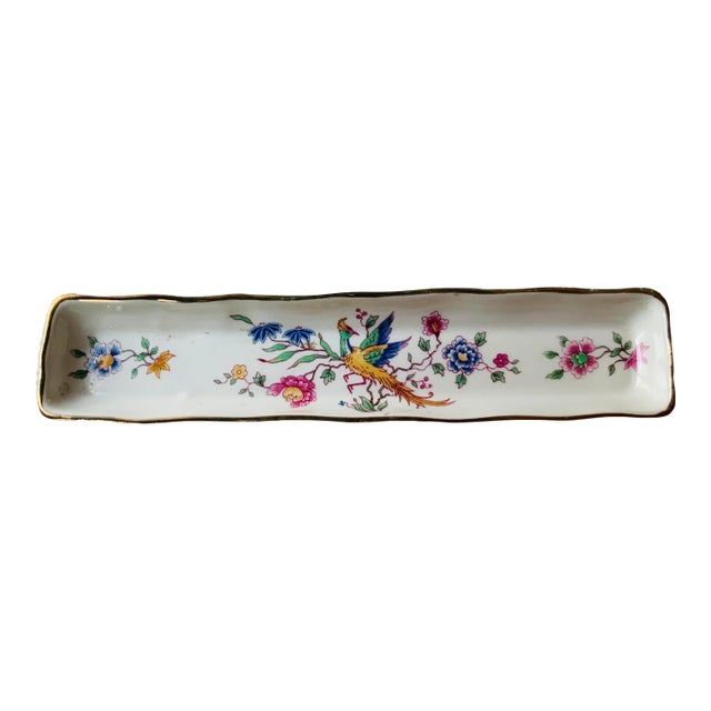 Antique Hammersley Fine Bone China Pen Tray, Bird of Paradise Chinoiserie, Gold Rim, Made in England, Circa 1900–1920 For Sale