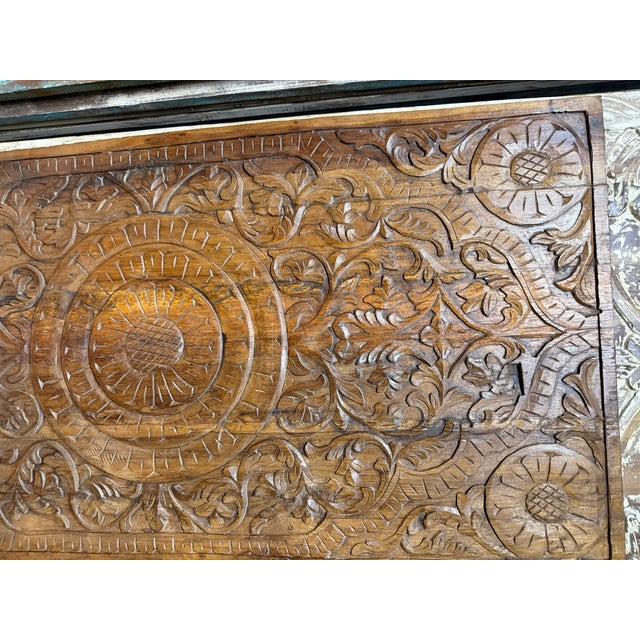 1920s Vintage Lotus Carved Wall Panel Headboard – Dark Wood Bohemian Bedroom Art 60x30 For Sale - Image 5 of 6