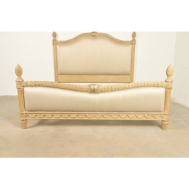 Wood Henredon Style French Regency Louis XVI Cream Crackle Lacquered Upholstered King Size Bed For Sale - Image 7 of 14