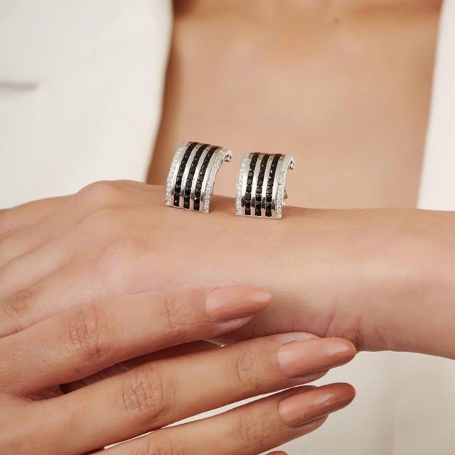 Sterling Silver Black Onyx & Zircon Wide Bar Half Hoop Earrings for Her, A Pair For Sale - Image 6 of 12