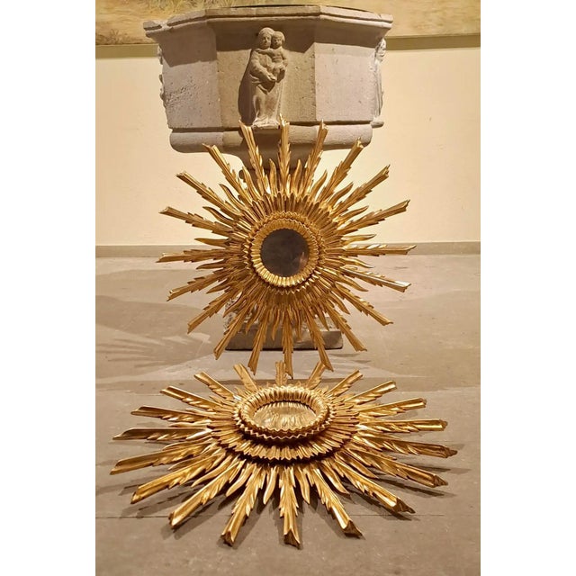Pair of Mid 20th Century Sunburst Carved Golden Mirrors For Sale - Image 11 of 14