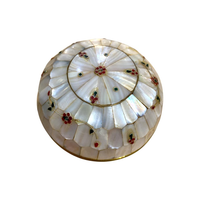 Vintage Mother-of-Pearl & Brass Floral Inlay Trinket Box For Sale - Image 13 of 14