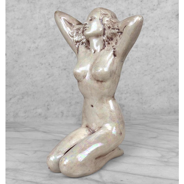 Art Deco Vintage 12" Art Deco Nude Women Iridescent Ceramic Sculpture For Sale - Image 3 of 9