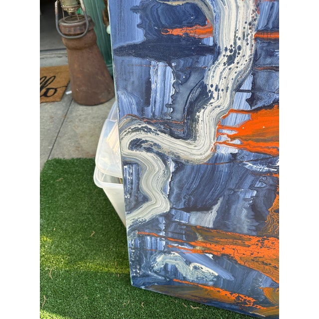 Blue Blue and Orange Abstract Canvas Painting For Sale - Image 8 of 8