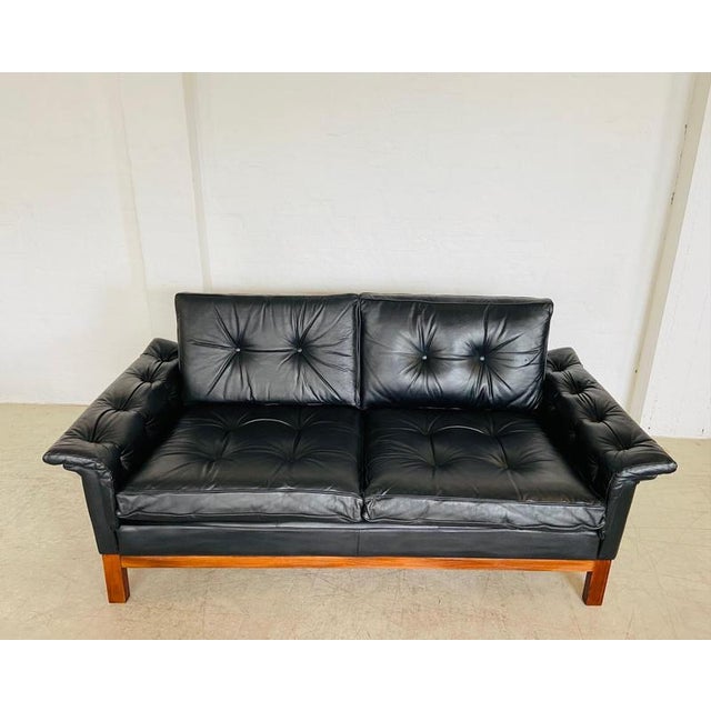 Vintage Scandinavian Black Buttoned Leather Sofa from Ikea, 1960s For Sale - Image 3 of 18