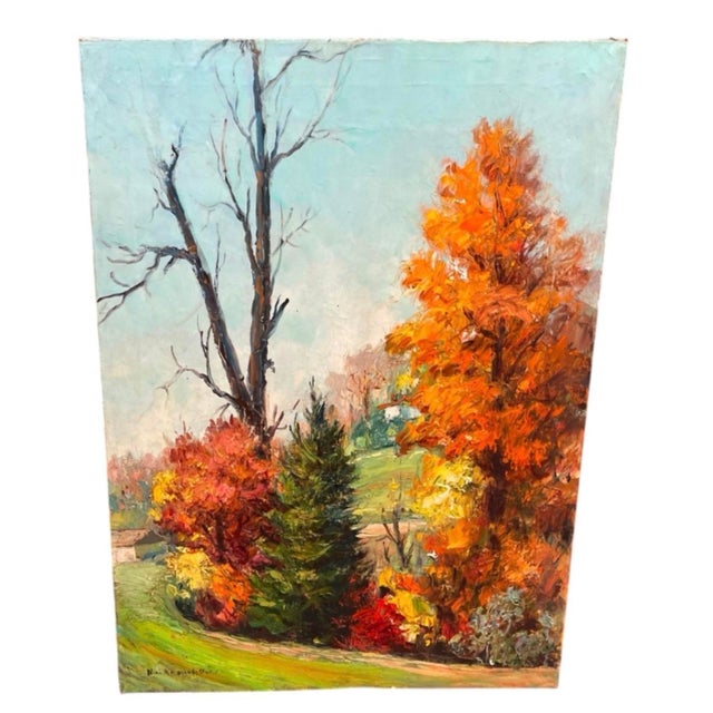 This vintage oil painting captures a serene, vivid autumn landscape rendered with rich impasto textures and expressive...