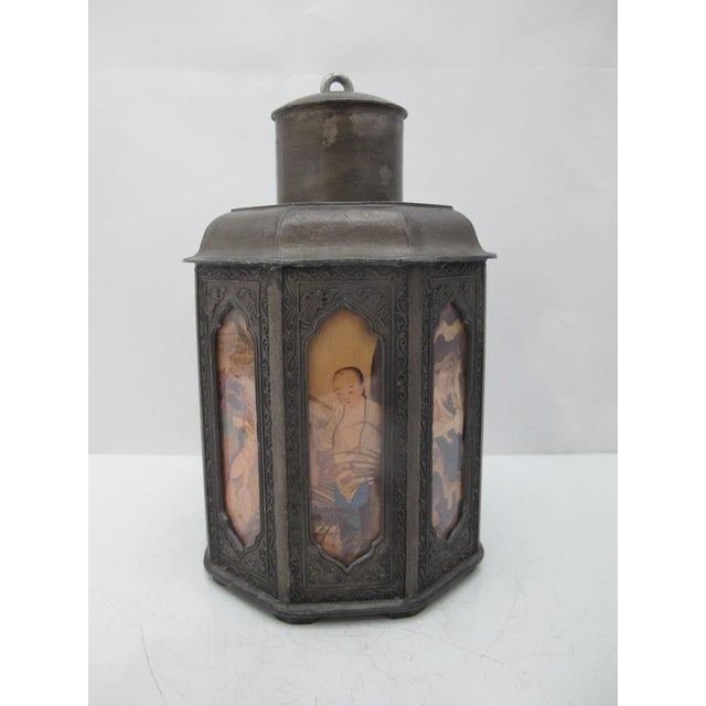 Chinese Pewter Octagonal Tea Caddy With Inset Painted Erotic Art Panels For Sale - Image 4 of 13