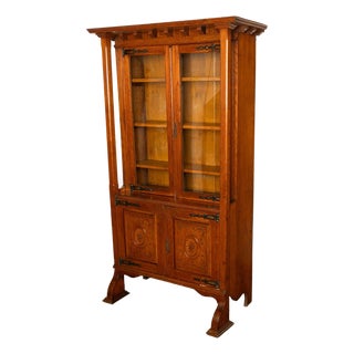 Antique Liberty & Co. Arts and Crafts Oak Mission Bookcase Display Cabinet London 1905, , Attributed For Sale