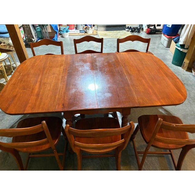 Chestnut 1950s Dining Set – Drop-Leaf Table, 6 Chairs For Sale - Image 8 of 12