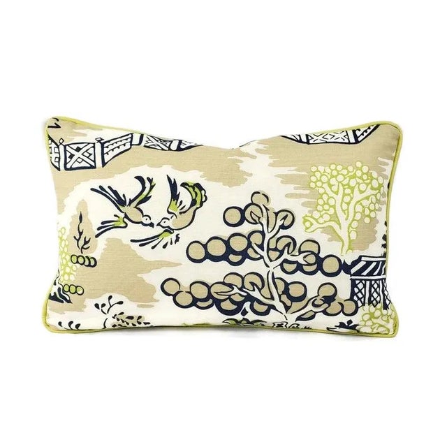 Textile Thibaut Luzon in Navy on Beige With Lime Welt Lumbar Pillow Cover For Sale - Image 7 of 7