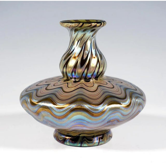 Finest bohemian art nouveau glass vase: blown into form baluster-shaped body with discus-shaped protruding belly part,...
