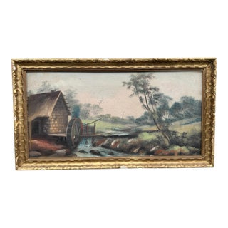 Mid 20th Century Mid 20th Century Primitive Country Folk Art Landscape Oil Painting With a Mill & Water Wheel For Sale