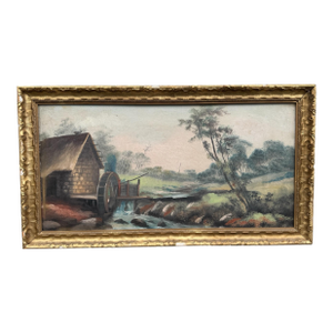 Mid 20th Century Mid 20th Century Primitive Country Folk Art Landscape Oil Painting With a Mill & Water Wheel