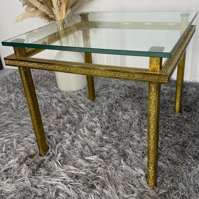 Hollywood Regency Side Table in Engraved Brass and Glass, 1970s For Sale - Image 10 of 13