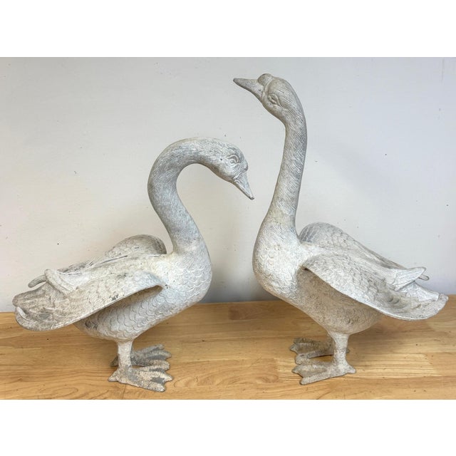 Pair 20th C. Zinc Alloy Swan Garden Sculptures Good Scale & Weathered Surface For Sale - Image 14 of 18