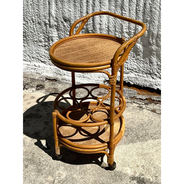 Mid-Century Modern Vintage Coastal Woven Rattan Bar Cart For Sale - Image 3 of 10