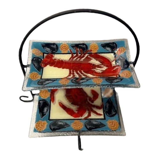 Vintage Peggy Karr 2-Tier Fused Art Glass Seafood Stand – Lobster & Crab For Sale