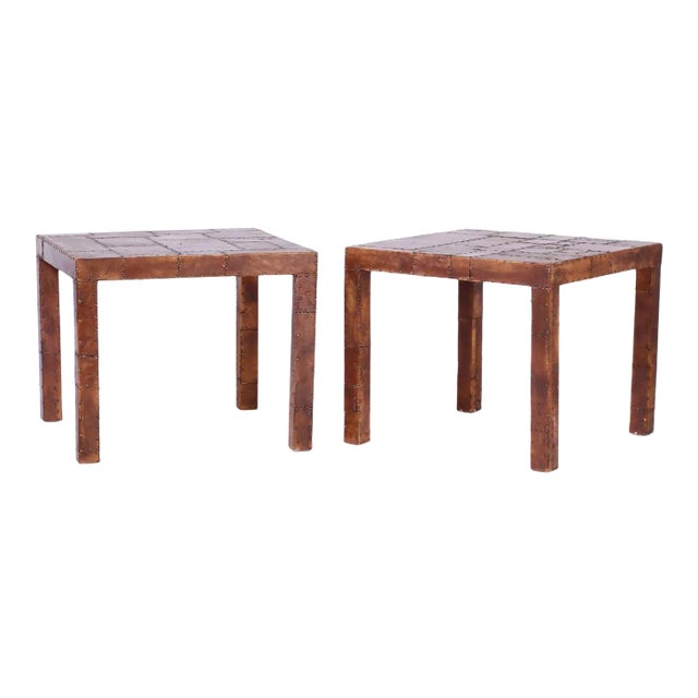 Midcentury Leather Clad Parson's Tables - A Pair For Sale